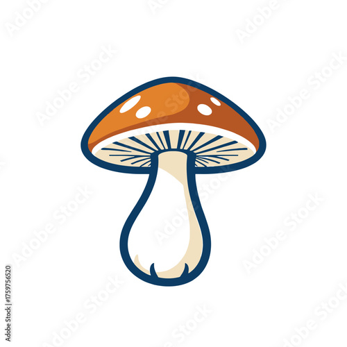 A stylized illustration of a single brown mushroom with white spots, isolated on white.
