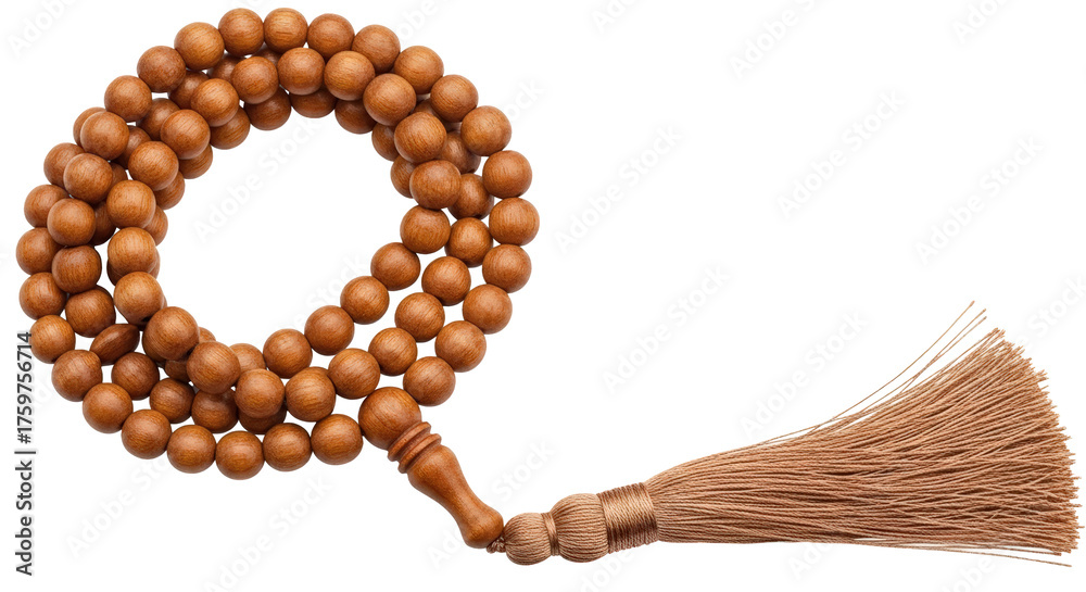 Obraz premium Spiritual wooden prayer beads with tassel isolated against black background for meditation and spirituality isolated on transparent background