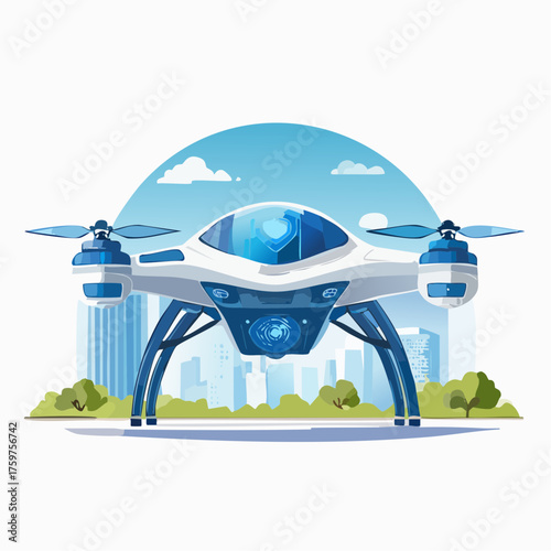 Modern drone hovering over city park