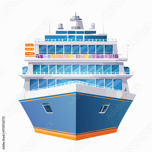 Modern cruise ship with blue hull and decks