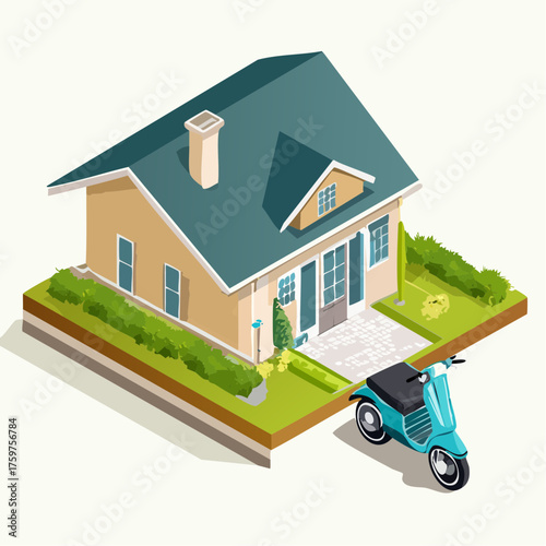 Modern house with blue scooter in front yard