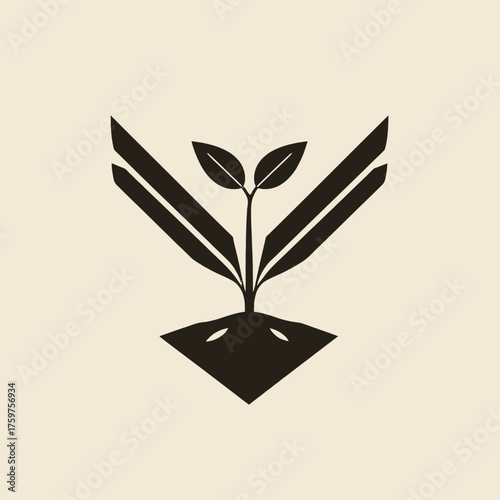 Stylized graphic of a sprouting plant with geometric wings emerging from the ground, rendered in a minimalist, monochromatic style.