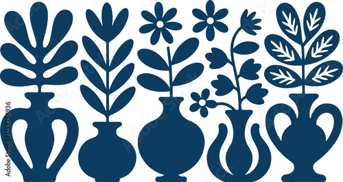 Navy Blue Flower And Plant Silhouettes in Vases Art Design