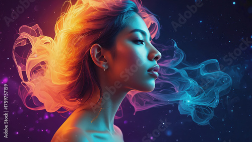 Mystical Aura: A captivating portrait of a woman enveloped in an ethereal swirl of vibrant colors and intricate smoke, evoking a sense of wonder and cosmic energy.