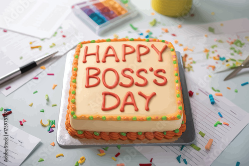 Square cake with Happy Boss's Day message and office clutter Keywords: happy boss day, cake