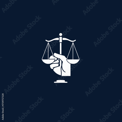 A white hand holding a balance scale against a dark blue background.