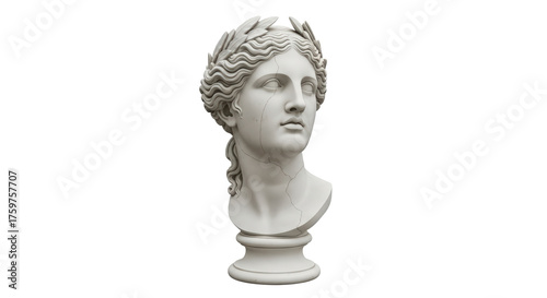 Classical marble bust of a young woman with laurel wreath isolated on a dark backdrop isolated on transparent background