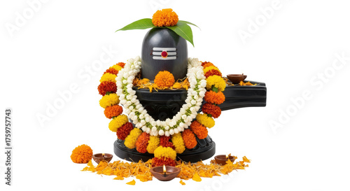 Devotional shiva lingam adorned with marigold and jasmine garland for worship and auspicious occasions isolated on transparent background