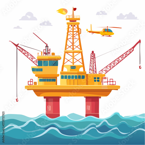 Offshore oil rig with helicopter and cranes