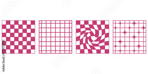 Four distinct grid patterns featuring chessboard and abstract designs in red and white vector