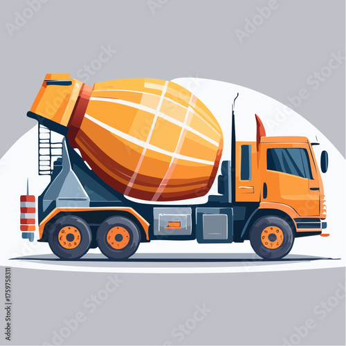 Orange cement mixer truck on gray background