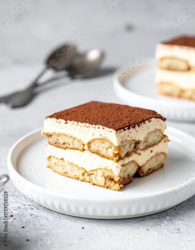 Elegant tiramisu dessert with mascarpone cream, cocoa powder, and sponge layers on a white plate.