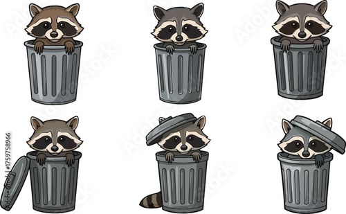 Cute raccoon cartoon illustration set, funny raccoons hiding in trash cans, adorable wildlife art, playful forest animal drawing, character design.