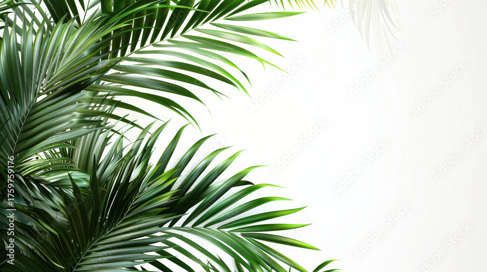 Fototapeta premium Green Palm Fronds: A lush array of vibrant green palm fronds cascade gently against a blank background, creating a refreshing sense of serenity and conveying the tropical essence of nature.