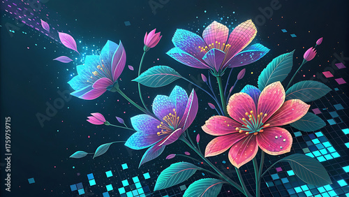 Fototapeta Naklejka Na Ścianę i Meble -  Digital flowers with glowing petals and leaves on a background of pixelated squares and scattered dots  custom 3d photo wallpaper panaflex design for wall hd background