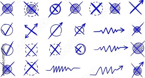 Hand Drawn Vector Check Mark, Cross, and Arrow Icon Set - Approval and Rejection Doodles