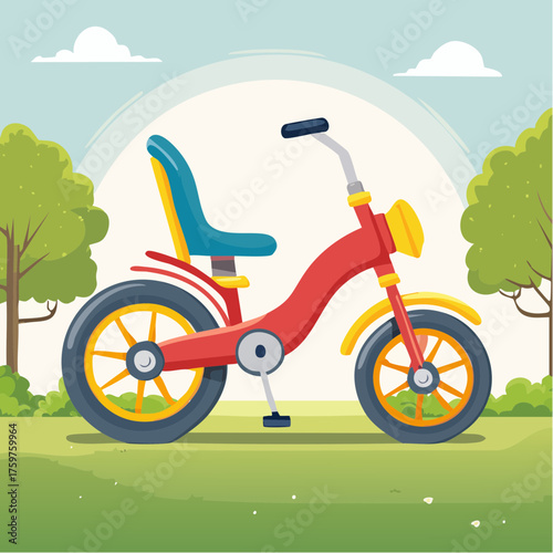 Red child's tricycle on grassy park background