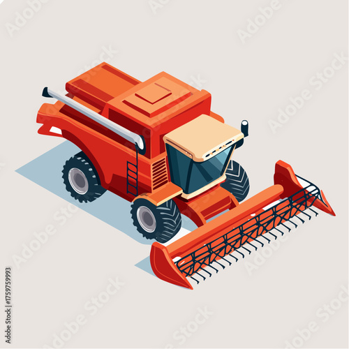 Red combine harvester in isometric view