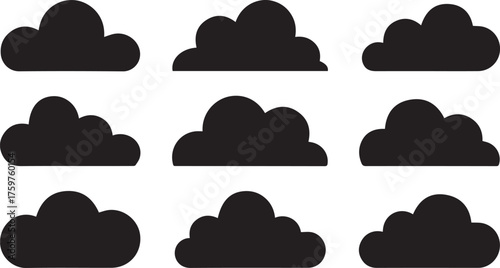 Set of Nine Stylized Black Cloud Silhouettes, Weather Icons, Isolated on White Background