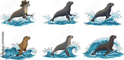 Sea lion surfing on ocean waves, marine animal illustration, aquatic wildlife art, playful seal cartoon, ocean creature in water design