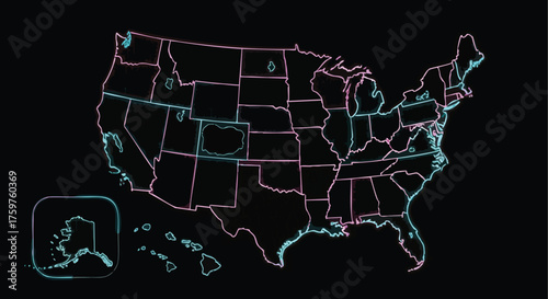Futuristic Glowing Neon Outline Map of the United States.