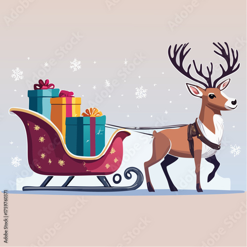 Reindeer pulling a sleigh full of gifts