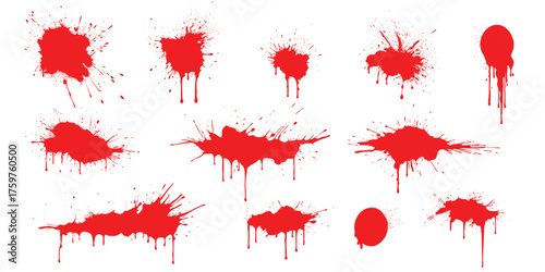 Collection of red paint splatter and drip effects isolated on vector