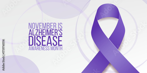 Alzheimer's disease awareness month concept. Banner template with purple ribbon and text.  Vector illustration.