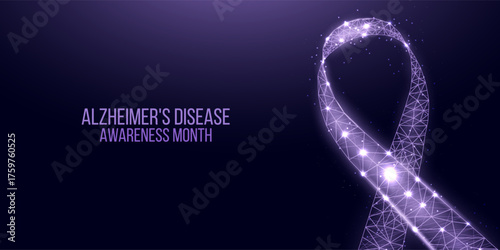 Alzheimer's disease awareness month concept. Banner template with purple ribbon and text.  Vector illustration.