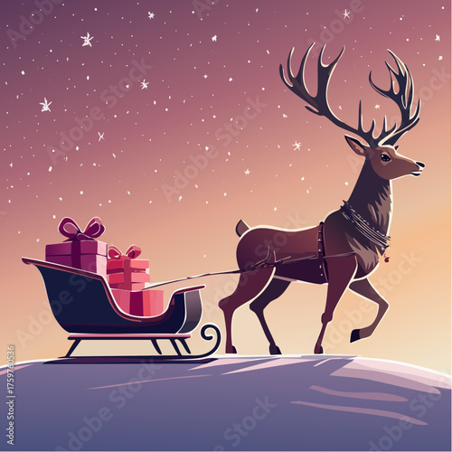 Reindeer pulling a sleigh with gifts