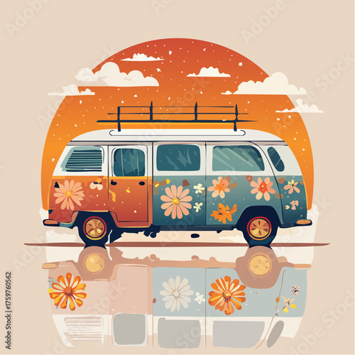 Retro camper van with floral decoration