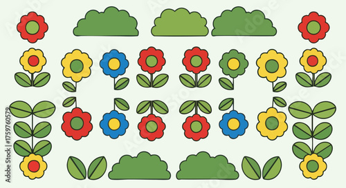 A decorative set of simple colorful flowers and green bushes.