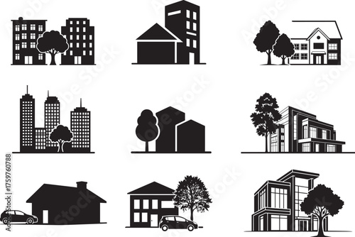 Community and Real Estate Icon Set. Vector symbols for urban, suburban, and modern housing.