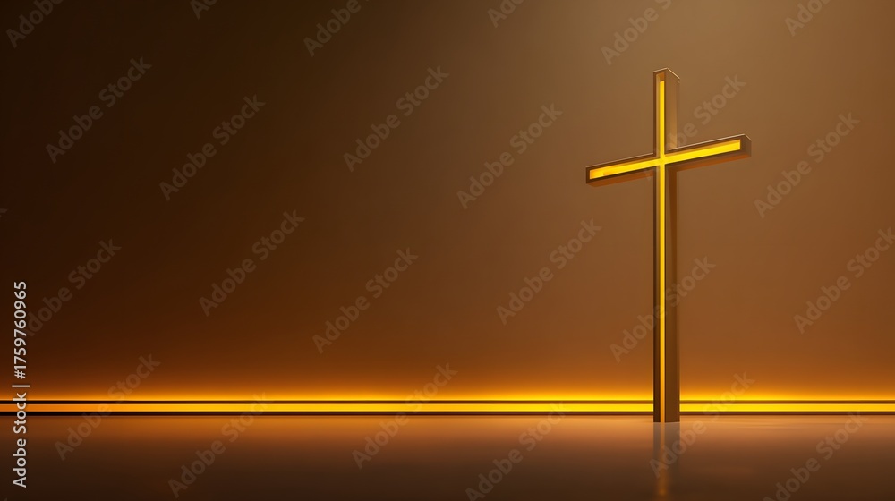 Naklejka premium A modern golden cross glows with inner light in a dark setting.