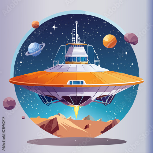 Retro UFO landing on alien planet