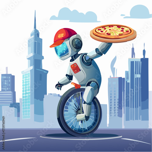 Robot delivering pizza on a unicycle city