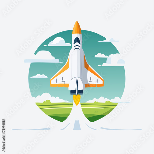 Rocket launch from grassy field with clouds