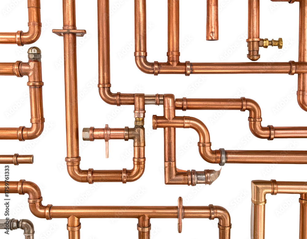 Fototapeta premium Intricate network of copper pipes, elbows, and joints, a plumbing maze on black