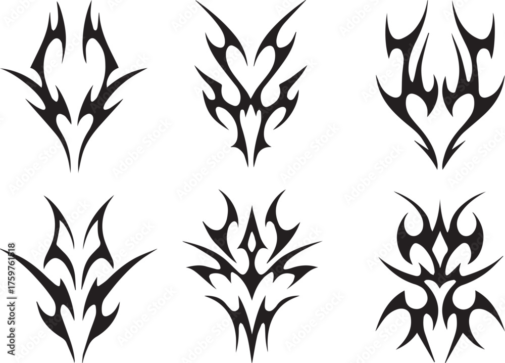 Fototapeta premium Neo Tribal Tattoo Constructor – Y2K Cyber Sigil Vector Set – Gothic Celtic Emo Symmetric Designs.