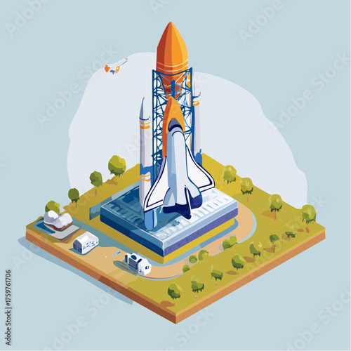 Rocket launchpad with shuttle and cars