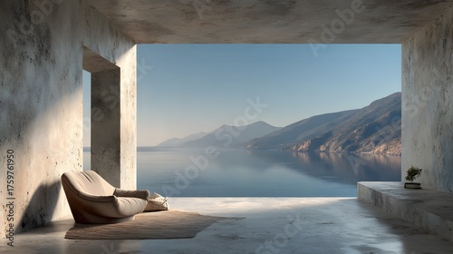 Modern, minimalist living room with raw concrete walls. A designer armchair faces a huge window with a stunning sea and mountain vista in morning light.