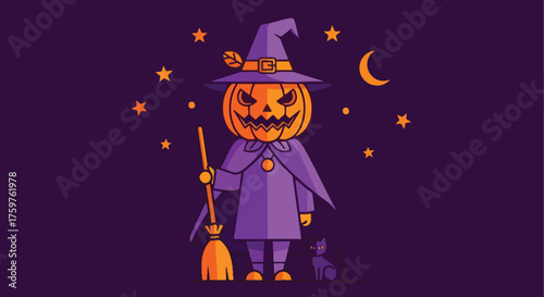 Cartoon witch character with a scary jack o lantern head.