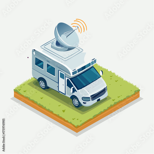 RV with satellite dish on grassy lot