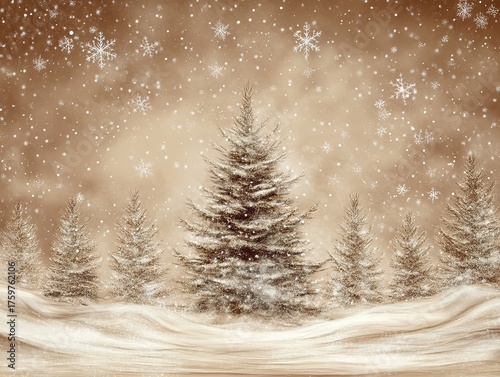 Sepia-toned snowy forest background with glittering snowflakes, stars, white Christmas tree silhouettes, and shimmering silver dust particles around centered evergreen