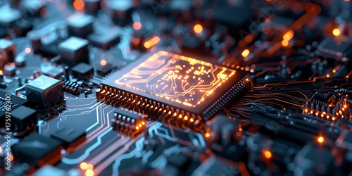 Glowing central processor on a complex circuit board with illuminated pathways.