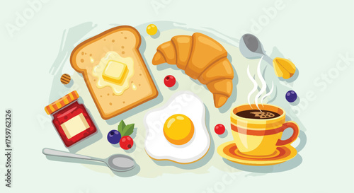 Classic breakfast spread with fried egg croissant and coffee.
