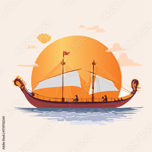 Sailing ship on a calm sea at sunset