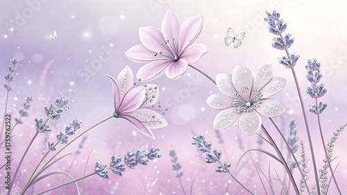 Floral arrangement featuring lavender and delicate flowers with butterflies on a soft purple background  custom 3d photo wallpaper panaflex design for wall hd background