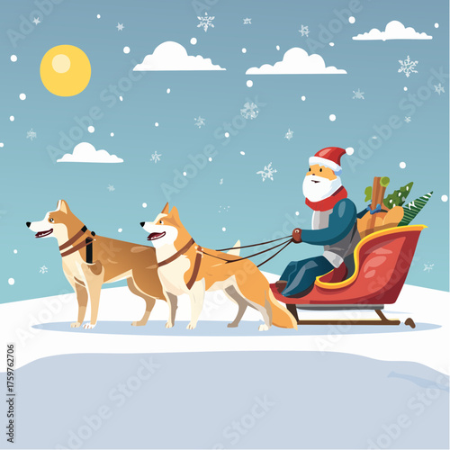 Santa Claus rides a dog sled with gifts