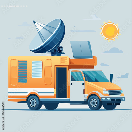 Satellite communication van on a sunny day